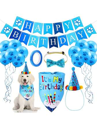1 套宠物生日派对装饰套件，包括生日横幅、生日帽、爪印气球、围兜和领结，适合庆祝活动