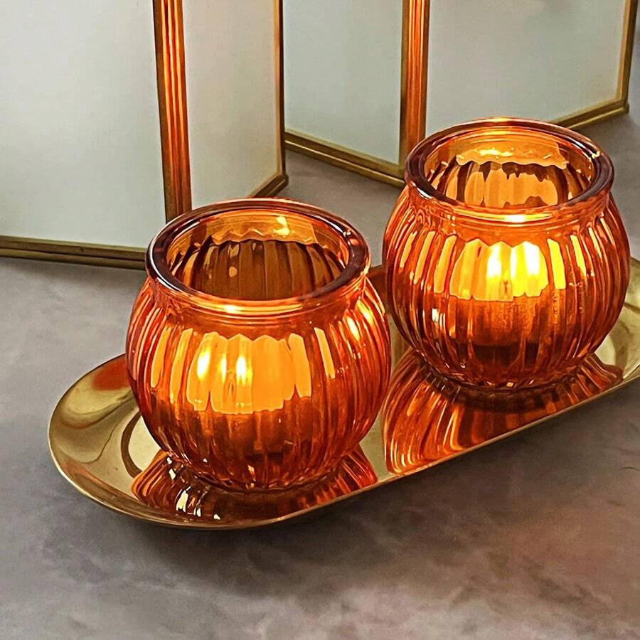 Fall Pumpkin Votive Candle Holders Set Of 6/12, Orange Glass Tealight Candle Holder For Wedding Table Centerpiece Halloween Thanksgiving Decoration - View 1