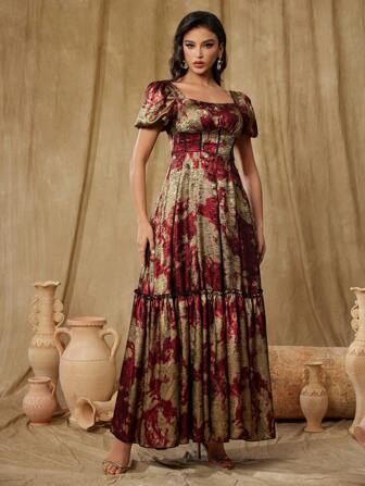 Women's Puff Sleeve Metallic Foil Accent Color Block Swing Evening Dress, Elegant Formal Gown, For Wedding Guest, Graduation, Dinner