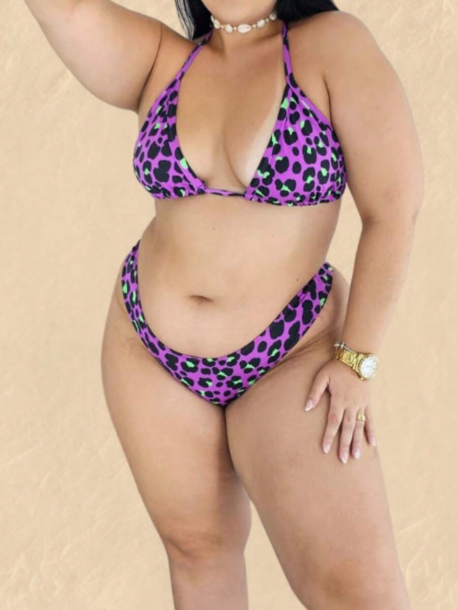 PLUS SIZE BIKINI SET WITH THONG WITHOUT PADDING AND CURTAIN - 紫色美洲虎 - 查看 1