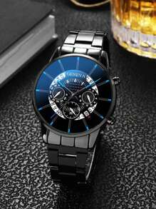 Bộ 3 sản phẩm thời trang nam công sở mặt số 3 mắt tinh tế tối giản dây thép thạch anh + vòng tay thép titan, phù hợp cho lễ Halloween, kỷ niệm, quà tặng sinh nhật - Màu xanh lam - Xem 3