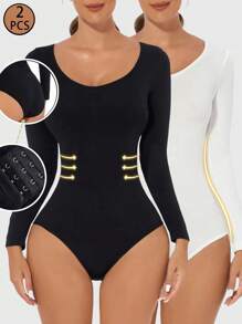 2pcs Women's Long Sleeve Bodysuit, Slimming Bodycon Outfit