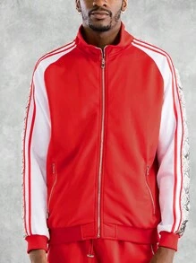 Mens Side Stripe Snake Tape Zip Up Track Jacket Activewear - Red - View 4
