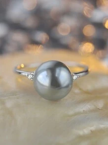 Fashionable S925 Sterling Silver Single Pearl Ring With Diamond Accent, Suitable For Daily Wear, Parties And Ceremonies, Random Box Style