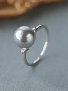 Fashionable S925 Sterling Silver Single Pearl Ring With Diamond Accent, Suitable For Daily Wear, Parties And Ceremonies, Random Box Style