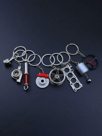 1 pezzo/8 pezzi Set di portachiavi per parti di auto con volante in metallo, disco del freno, cerchio del pneumatico, molla, guarnizione automobilistica, cambio manuale, pistoni automobilistici, rotore del motore, regalo di Ognissanti, souvenir, accessori per auto, stile gotico carino Y2K