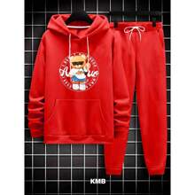 Children's Sweatshirt Set 2 To 16 Bear Print Jacket Long Sleeve Hooded Top And Pants Mid-Season Tracksuit - 紅色 - 查看 1