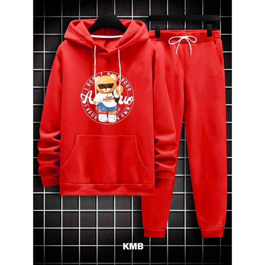 Children's Sweatshirt Set 2 To 16 Bear Print Jacket Long Sleeve Hooded Top And Pants Mid-Season Tracksuit - 紅色 - 查看 1