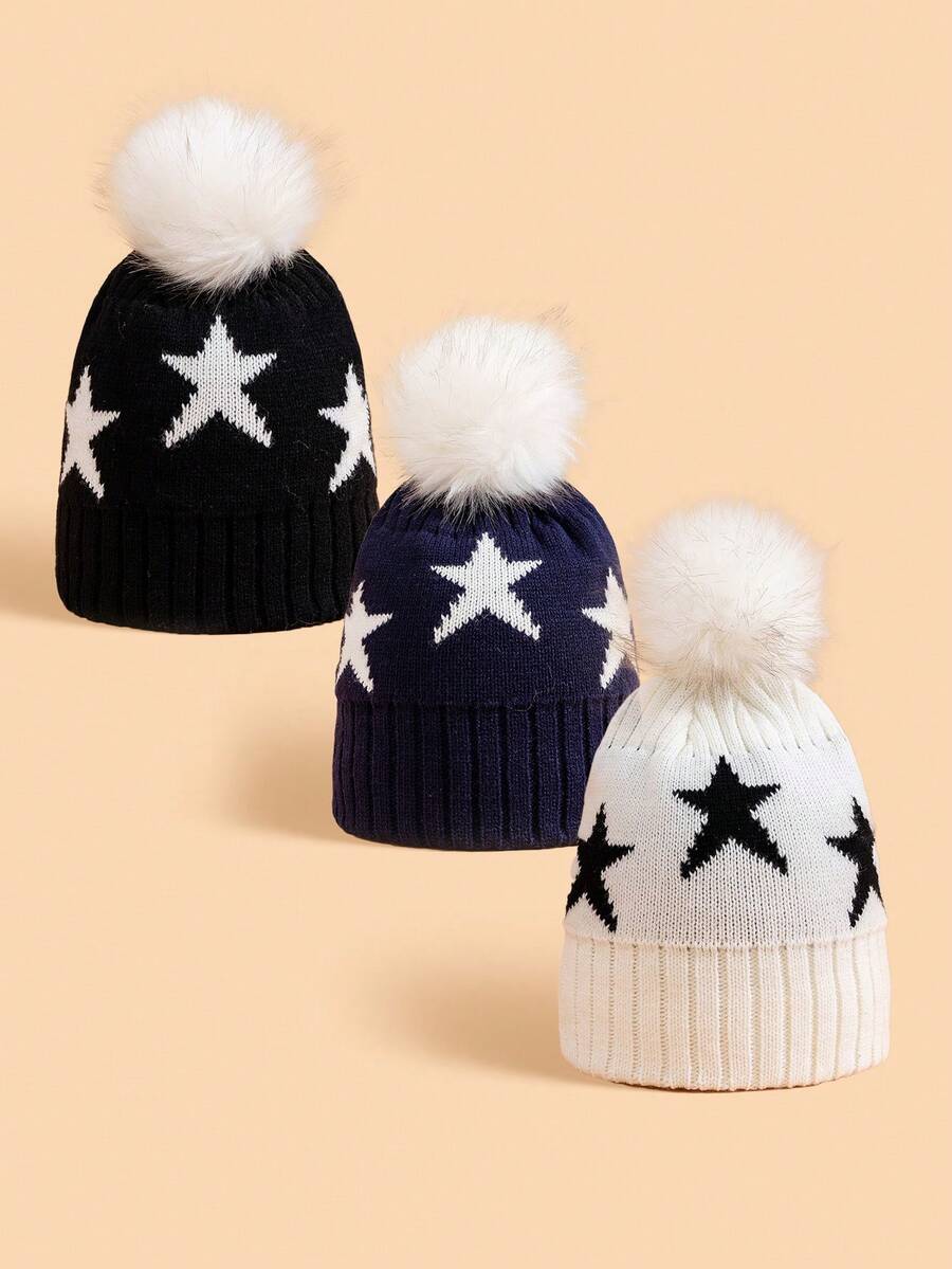 1pc Kids Cute Soft Knit Star Pattern Pom Pom Beanie Hat For Children, Warm Autumn Winter Accessory - Multicolor - View 1