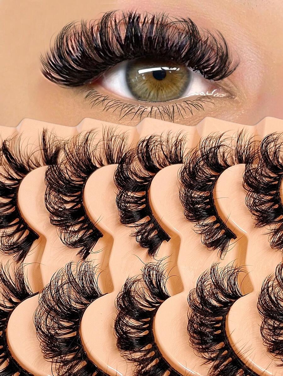 Asiteo 7 对 D 卷自然凌乱仿貂皮假睫毛,浓密丰盈,打造惊艳妆容,可重复使用,易于佩戴 - 交叉款 - 查看 1