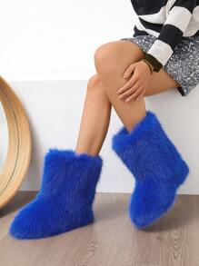 Women's Fluffy Boots Furry Mid Calf Fur Boots Comfortable Outdoor Flat Shoes Winter Warm Plush Surface Snow Boots Royalblue