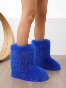 Women's Fluffy Boots Furry Mid Calf Fur Boots Comfortable Outdoor Flat Shoes Winter Warm Plush Surface Snow Boots Royalblue