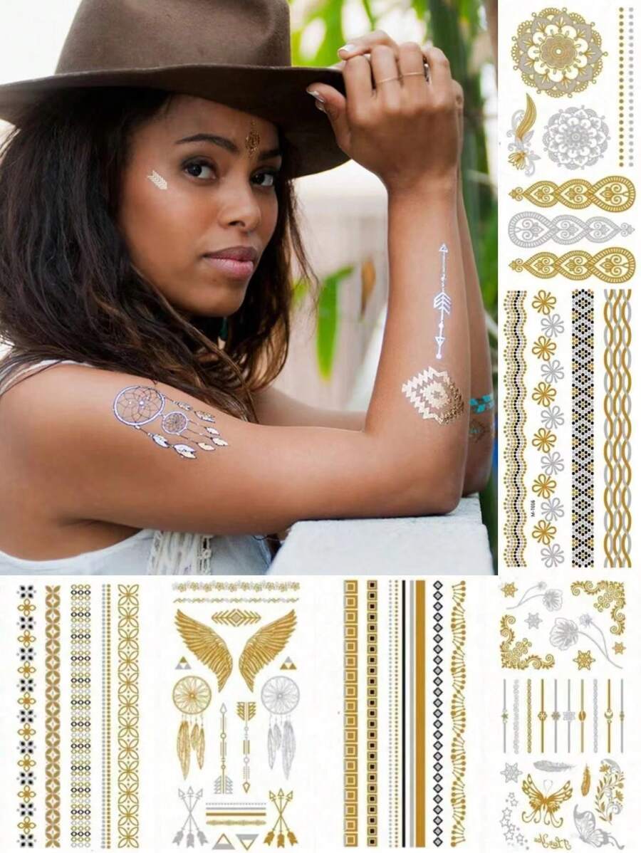 6 tờ hình xăm ren vàng lấp lánh kim loại hình xăm tạm thời không thấm nước cho phụ nữ trưởng thành cô gái hình xăm giả phong cách bohemian phụ kiện cưới thanh lịch cho tiệc hồ bơi ngày lễ bãi biển - Vàng - Xem 1