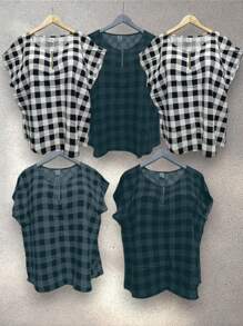 Kit 5 Plus Size Plaid Blouses Japanese Sleeve Women's Viscose With Front Zipper - 兩白及什錦 - 查看 1