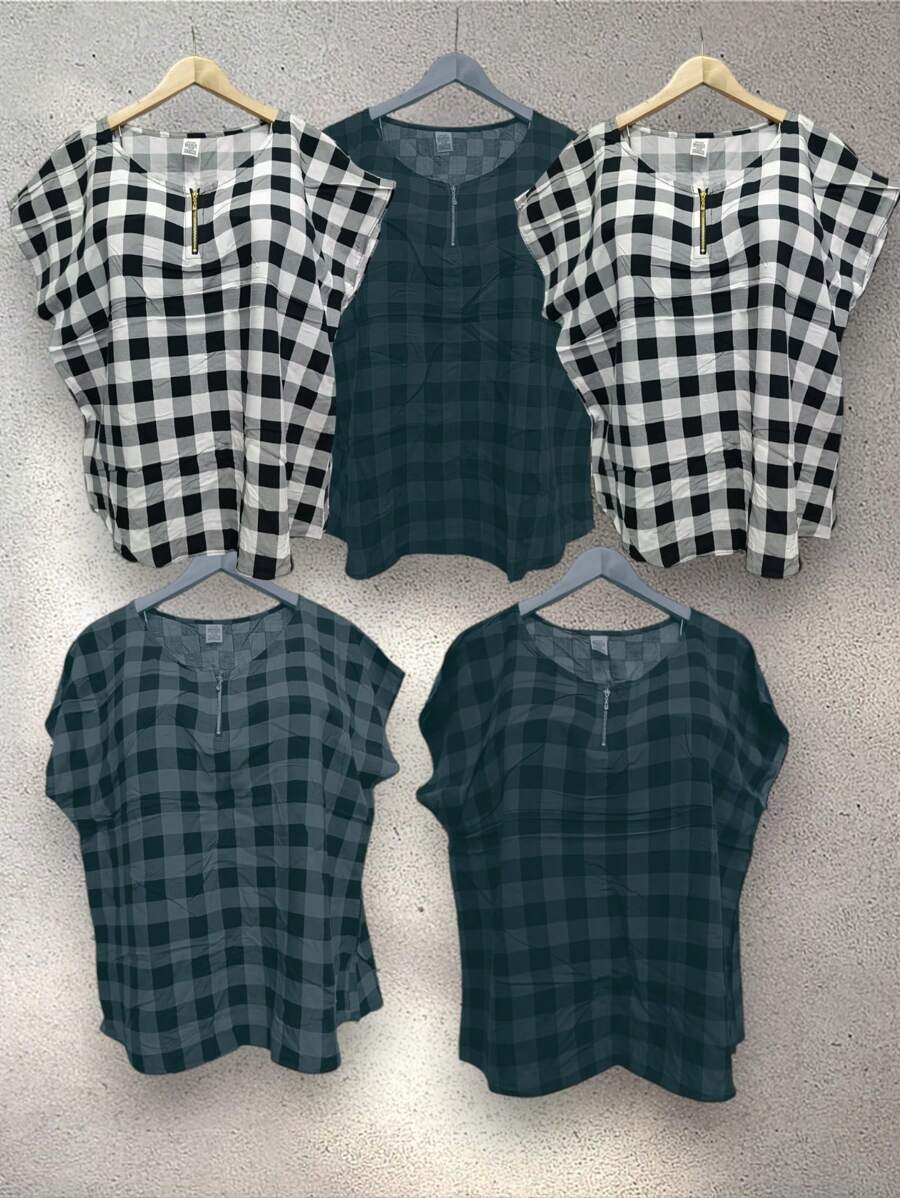 Kit 5 Plus Size Plaid Blouses Japanese Sleeve Women's Viscose With Front Zipper - 兩白及什錦 - 查看 1