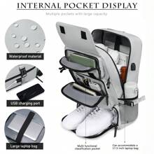 Multi-Functional Large Capacity Travel Backpack With Shoe Compartment, Dacron Lightweight Laptop Daypack With Charging Port, Fashion Travel Commuter Bag, Airline-Approved Laptop Schoolbag - 淺灰色 - 查看 5