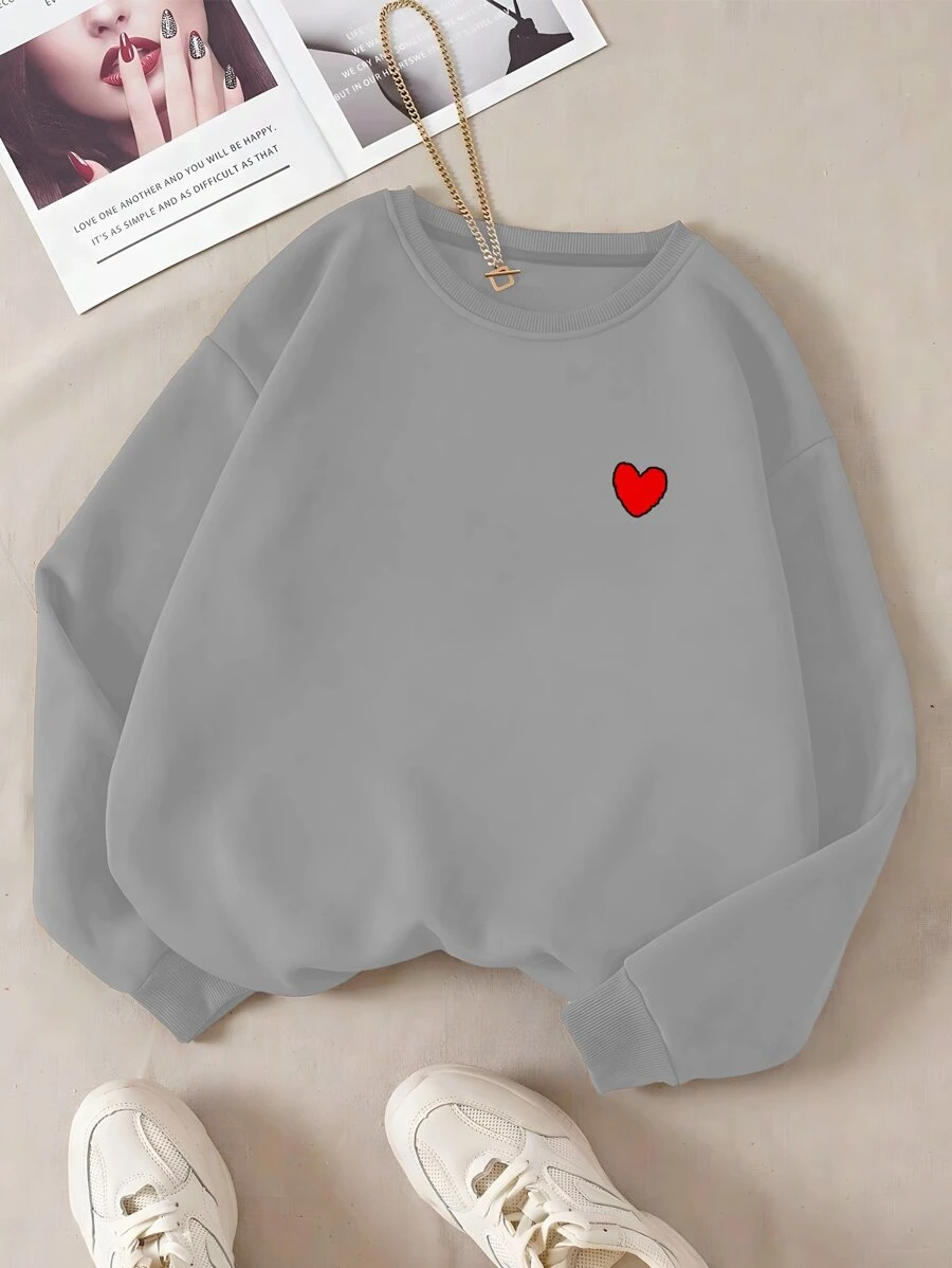 Unisex Casual Round Neck Cotton Sweatshirt With Heart Print, Various Colors - 灰色 - 查看 1