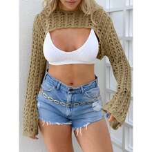 Women's Crochet Crop Tops Y2k Long Sleeve Crewneck Shrug Hollow Out Summer Beach - màu nâu - Xem 4