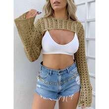 Women's Crochet Crop Tops Y2k Long Sleeve Crewneck Shrug Hollow Out Summer Beach - màu nâu - Xem 3