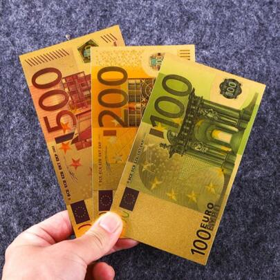 Set de 7 Billetes conmemorativos Euro coloreados, de material de PET con lámina dorada impermeable, Monedas conmemorativas con significado de colección, Adecuado como regalo de Navidad