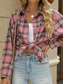 Áo sơ mi flannel kẻ caro dáng rộng dành cho nữ, thích hợp cho mùa thu, áo dài tay mùa xuân. - Nhiều màu - Xem 2