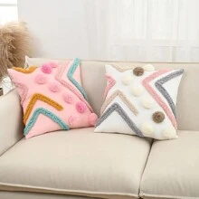 1pc Bohemian Plush Geometric Pom Pom Decorative Throw Pillow Case For Living Room, Bedroom, Party, Cute Embroidered