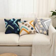 1pc Bohemian Plush Geometric Pom Pom Decorative Throw Pillow Case For Living Room, Bedroom, Party, Cute Embroidered