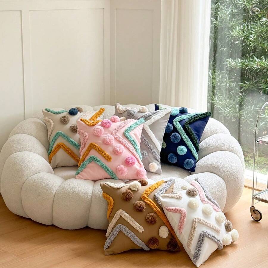 1pc Bohemian Plush Geometric Pom Pom Decorative Throw Pillow Case For Living Room, Bedroom, Party, Cute Embroidered