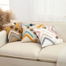 1pc Bohemian Plush Geometric Pom Pom Decorative Throw Pillow Case For Living Room, Bedroom, Party, Cute Embroidered