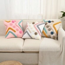 1pc Bohemian Plush Geometric Pom Pom Decorative Throw Pillow Case For Living Room, Bedroom, Party, Cute Embroidered
