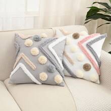 1pc Bohemian Plush Geometric Pom Pom Decorative Throw Pillow Case For Living Room, Bedroom, Party, Cute Embroidered