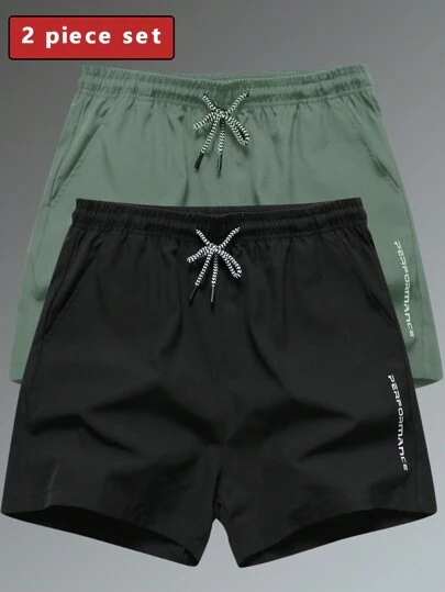 2 件男士透气抽绳健身短裤，口袋印花设计，适合日常穿着，夏季