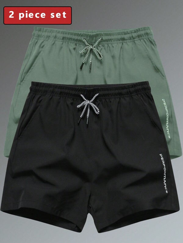 2 piezas Pantalones cortos de gimnasia transpirables con cordón para hombres, diseño con bolsillo impreso, aptos para uso diario, verano