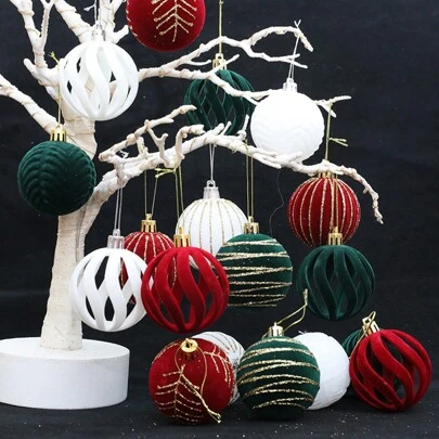 6 PCS/Box 7cm*6cm Red Flocking Ball, Green Painted Ball, Can Be Used For Valentine's Day, Party, Birthday Party Decoration Hanging Ball, Decoration Dormitory, Room, Table Center Table Decoration,Home Decor ,Room Decor,Wall Decor School Decor School Surprise Dormitory Decor Back To School School Supplies