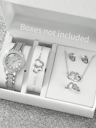 6 件/套女士时尚简约数字表盘石英表配钢表带和心形首饰套装