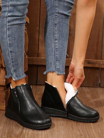 秋冬女士舒适圆头不疲劳鞋，纯色保暖侧拉链厚底靴，大码女式踝靴和短靴，女靴，毛绒靴