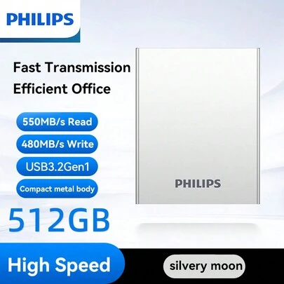 PHILIPS Portable SSD 1TB, USB 3.2 External Solid State Drive, Read Speeds Up To 550MB/S For Gaming, Students And Professionals