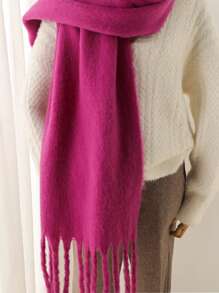 1件装女士冬季围巾，黑色仿羊绒披肩，厚实保暖，时尚纯色流苏抓绒围巾，户外女士披肩配饰 - 玫紅色 - 查看 3