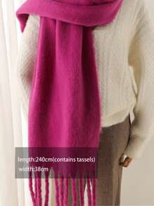 1件装女士冬季围巾，黑色仿羊绒披肩，厚实保暖，时尚纯色流苏抓绒围巾，户外女士披肩配饰 - 玫紅色 - 查看 4