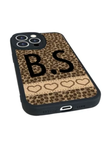 1pc Personalized Leopard Print Heart Leather Phone Case With Custom Name Initials, Shockproof Protective Cover For Couples, Family Holiday Gift