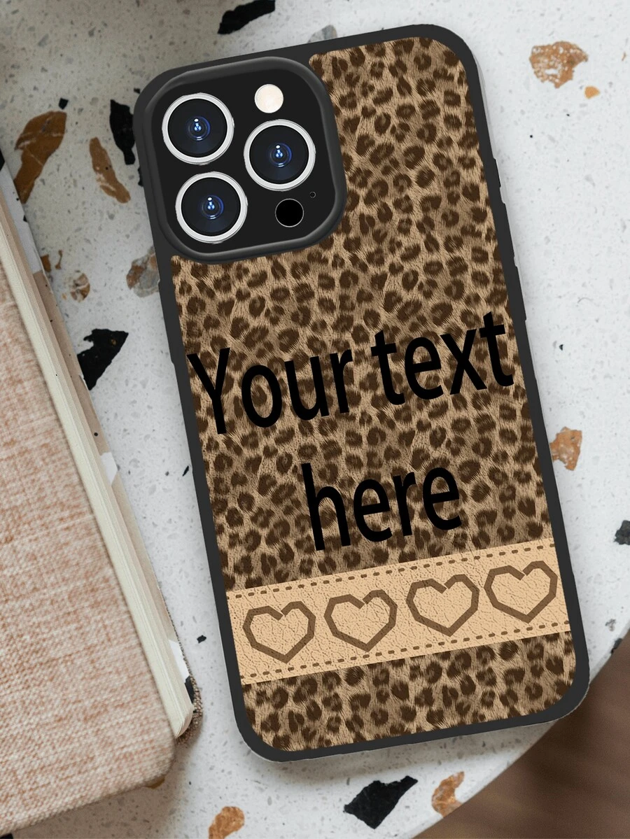 1pc Personalized Leopard Print Heart Leather Phone Case With Custom Name Initials, Shockproof Protective Cover For Couples, Family Holiday Gift