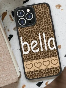 1pc Personalized Leopard Print Heart Leather Phone Case With Custom Name Initials, Shockproof Protective Cover For Couples, Family Holiday Gift