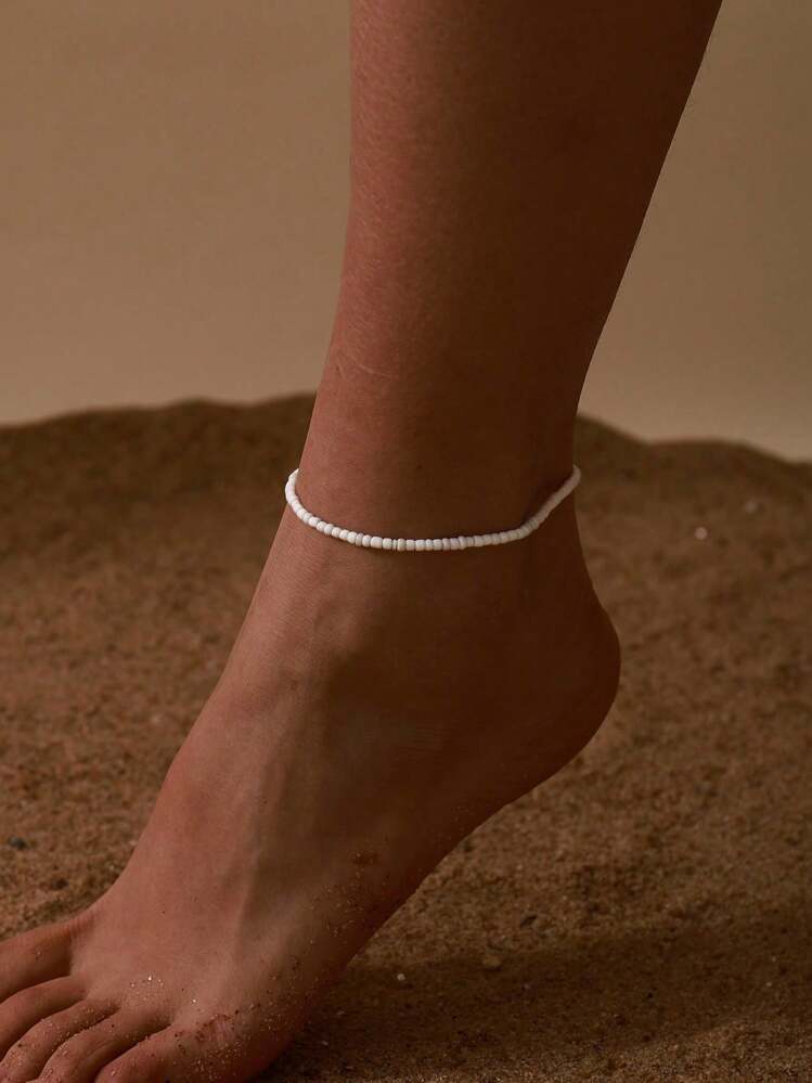 1piece Fashion Simple And Elegant Lady Beads Elastic Anklet - White - View 12