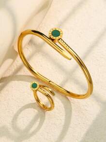 1 Set/2 Stücke modisches, klassisches Armreif Set mit römischen Ziffern, einzigartiges Nagel Design, charmantes Edelstahl Armband und Ring Schmuck Set für Frauen