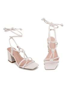 Women's Lace-Up Sandals Kit, Thick Heel, Party Fashion With Black Bag - 白色 - 查看 2