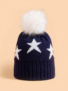 1pc Kids Cute Soft Knit Star Pattern Pom Pom Beanie Hat For Children, Warm Autumn Winter Accessory - Multicolor - View 11