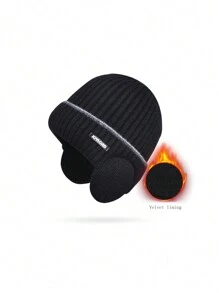 1 pieza Gorro de punto con orejeras con logotipo para hombre, forrado térmicamente, gorro resistente al frío para uso diario y Halloween - Negro - Ver 3