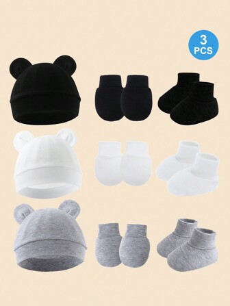 3sets Newborn Baby Black + White + Gray Ear Cap + Anti-Scratch Mittens + Foot Covers Set, Daily Use