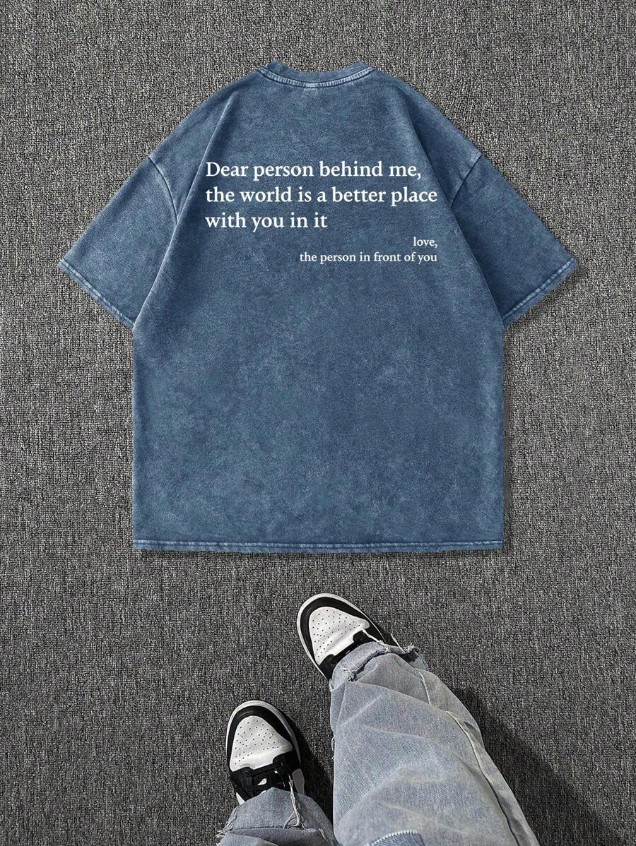 Men's Funny Slogan Print Dropped Shoulder Short Sleeve T-Shirt - Blue - View 1