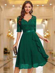 MIUSOL Sweetheart Neckline Floral Lace Ruffle Hem Cocktail Party Wedding Guest Dress - Dark Green - View 7